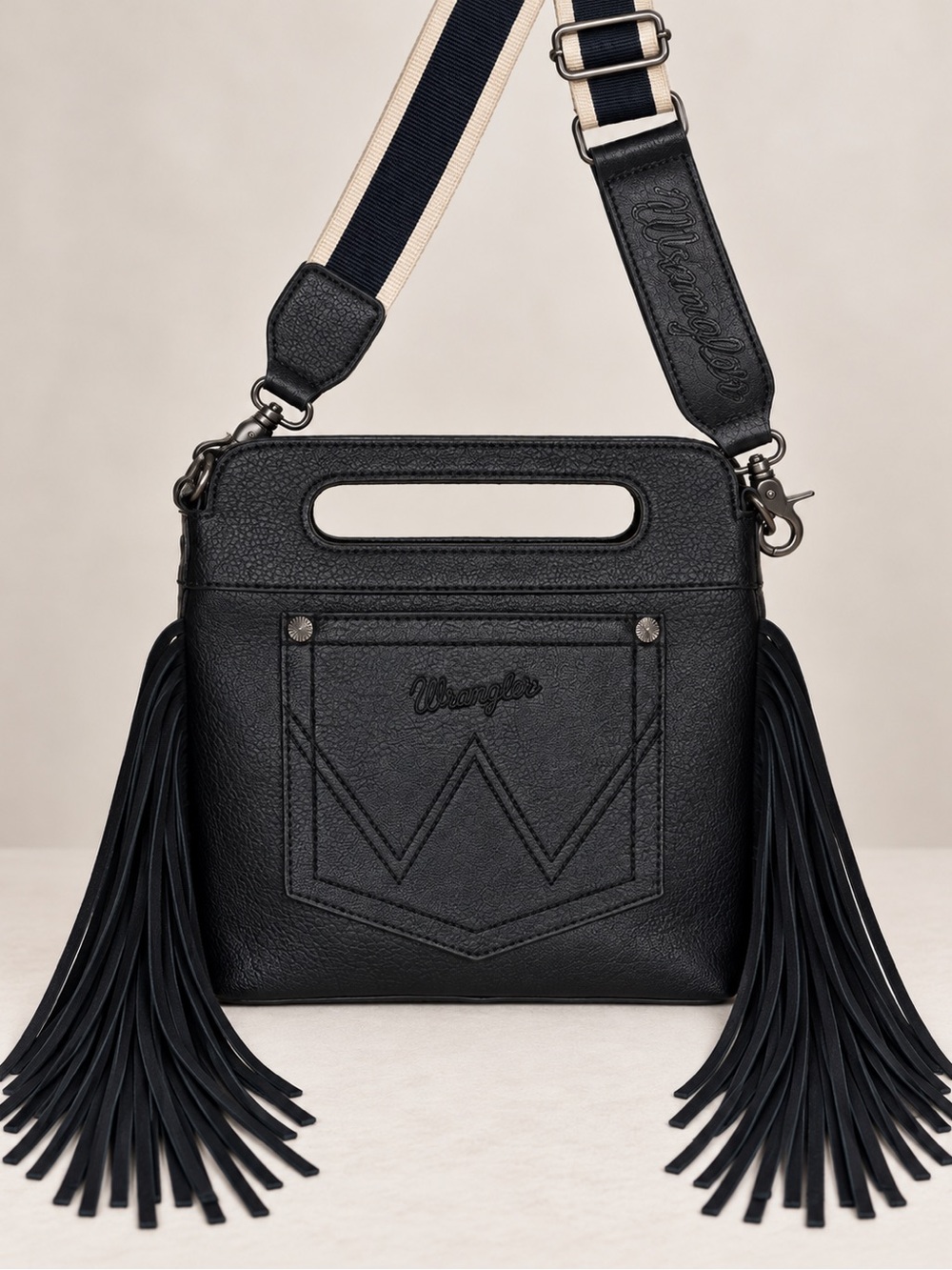 Wrangler Black Western Fringe Crossbody Handbag Embroidered Tooled Purse - Picture 2 of 5